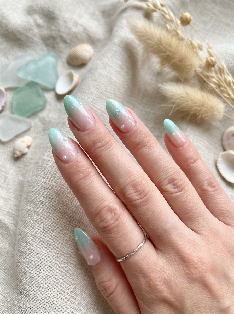 Seafoam Mermaid Ombre Nails mit sanftem Nude-Aqua-Verlauf